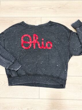 Ohio Script Distressed Vintage Graphic Sweatshirt - Charcoal with Red Logo.